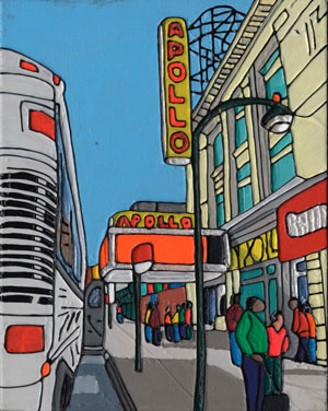 Illustration of a tour bus outside The Apollo Theatre in New York